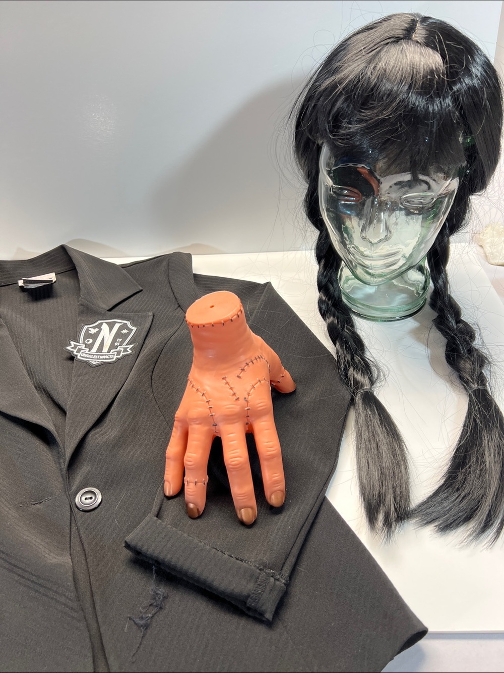 Halloween Wednesday Wig, Jacket, Hand and School Patch